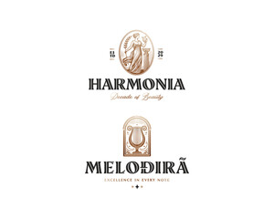 Fototapeta premium Beauty harmony goddess woman with harp symphony logo template for spa, cosmetics, wellness brand