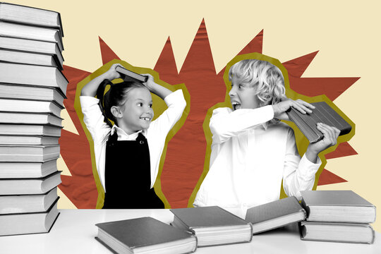 Full zine trendy photo collage of two happy classmates schoolgirl schoolboy hold book literature subject reader prepare