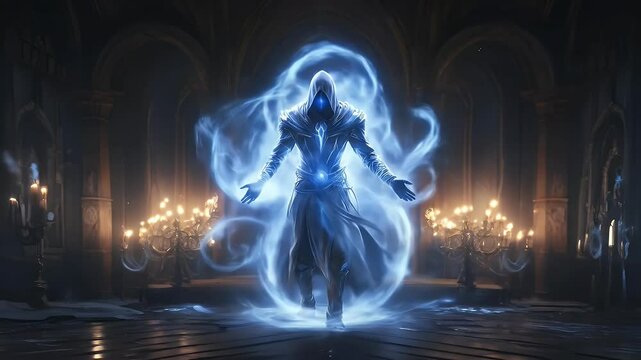 Glowing spectral figure in dark hall