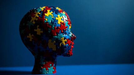 Diversity and inclusion are showcased through a head shape puzzle with colorful pieces set against a blue background, a concept for World Autism Awareness Day