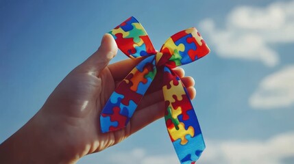 The puzzle ribbon symbolizes global autism awareness, representing the autism spectrum disorder concept and promoting support and inclusion for individuals with disabilities