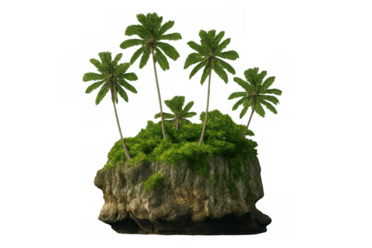 Lush vegetation and palm trees growing on a floating rock island, isolated on transparent background, perfect for exotic travel or environmental concepts - Powered by Adobe