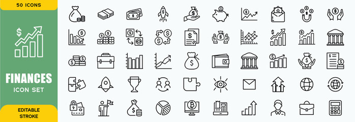 Finance line icons set. Money payments elements outline icons collection. Payments elements symbols. Currency, money, bank, cryptocurrency, check, wallet, piggy, balance, safe - stock vector.