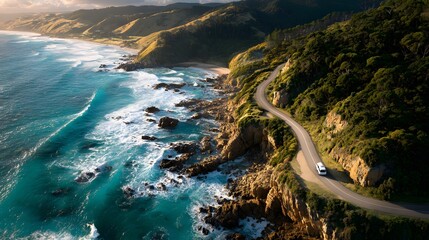 Aerial view of a scenic coastal road with a vintage camper van parked at a viewpoint, surrounded by cliffs, turquoise ocean waves, and lush green hills under golden hour sunlight.