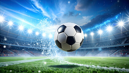 Soccer Ball in Flight at Night Stadium