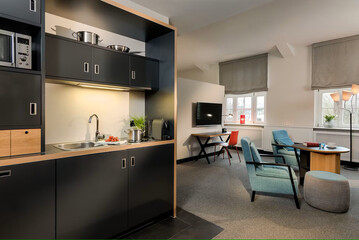 Modern living room interior with kitchen