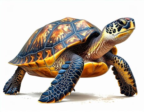 Detailed illustration of a sea turtle showcasing its shell's intricate pattern of orange yellow and black