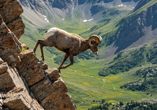 Mountain goat navigating rocky cliff edge with lush valley backdrop - Powered by Adobe