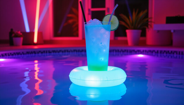 Charming summer night with a glowing cocktail floating beside a shimmering pool under vibrant lights - Powered by Adobe