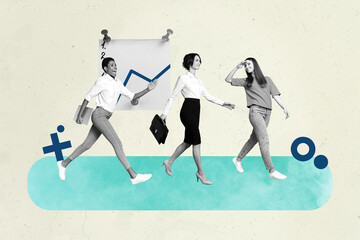 Creative banner collage of people with list walk working on pastel background