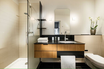 Modern bathroom interior in minimal scandinavian style, 3d render