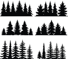 Obraz premium Silhouette of Evergreen Trees Set on White Background,Pine fir tree tall tree isolated premium vector image, black and white tree silhouettes,coniferous trees, pine trees,fir trees silhouettes set,Ai