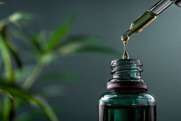 Close-up of a dropper with oil dripping into a dark green glass bottle, against a grey background with a plant in the background. 