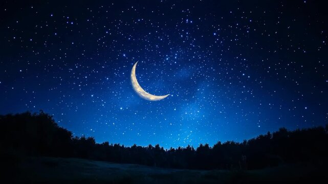 Night Sky with Crescent Moon and Starry Universe in a Serene Landscape