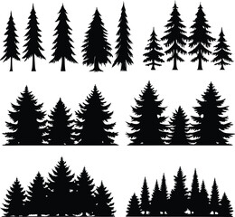 Silhouette of Evergreen Trees Set on White Background,Pine fir tree tall tree isolated premium vector image, black and white tree silhouettes,coniferous trees, pine trees,fir trees silhouettes set,Ai