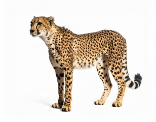 Fototapeta premium Cheetah standing full body isolated on white background Profile view showcasing spotted coat