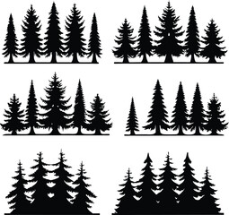 Fototapeta premium Silhouette of Evergreen Trees Set on White Background,Pine fir tree tall tree isolated premium vector image, black and white tree silhouettes,coniferous trees, pine trees,fir trees silhouettes set,Ai