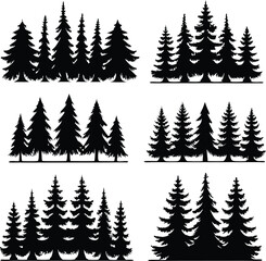 Obraz premium Silhouette of Evergreen Trees Set on White Background,Pine fir tree tall tree isolated premium vector image, black and white tree silhouettes,coniferous trees, pine trees,fir trees silhouettes set,Ai