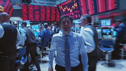 Stressed stock trader on trading floor with falling stock prices and busy market ambience. Financial crisis, emotions, panic