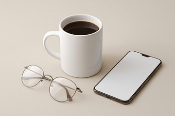 Coffee break: White ceramic mug with black coffee, smartphone, silver eyeglasses, on a neutral background. 