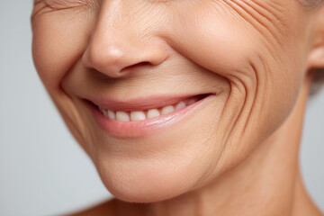 Obraz premium Woman looks at camera with friendly smile, emphasizing laugh lines and wrinkles. Soft studio light illuminates skin details against plain background. Concept of beauty, skincare, wellness