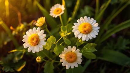 Obraz premium Close-up of four white daisies blooming in a lush green field at sunset