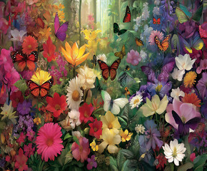 colorful jungle insects (e.g., butterflies, beetles) on vibrant flowers