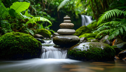 Stacked Stones Near a Cascading Waterfall in Lush Green Tropical Forest