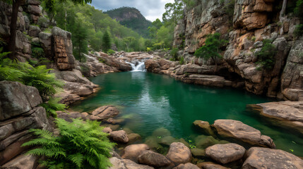 serene jungle waterfall flowing gently over smooth