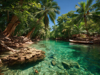 serene jungle lake with crystal-clear water reflecting the surrounding tall trees and blue sky patch