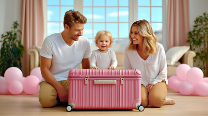 Young couple sits on floor with cheerful baby near pink suitcase. Bright living room features large windows and balloon decor. Concept of family bonding, travel, celebration