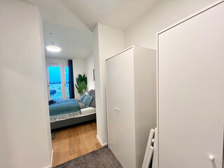 Modern bedroom interior in minimal scandinavian style, 3d render