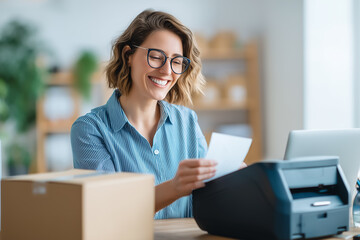 Woman smiles while printing shipping labels on thermal printer in airy home office with minimalistic decor. Bright environment encourages productivity. Concept of e-commerce, logistics, online retail