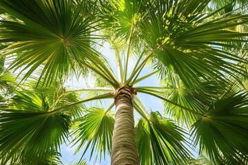Fototapeta premium Tropical palm tree view from below with sunlit green fronds radiating against blue sky