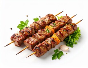 Grilled meat skewers with peppers and herbs on white background barbecue