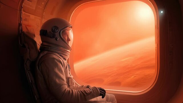 Astronaut in spacesuit observing orange Martian landscape through spacecraft window, experiencing first glimpse of alien terrain during interplanetary expedition.