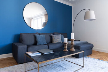 Modern luxury apartment interior in minimal scandinavian style, 3d rendering, blue color