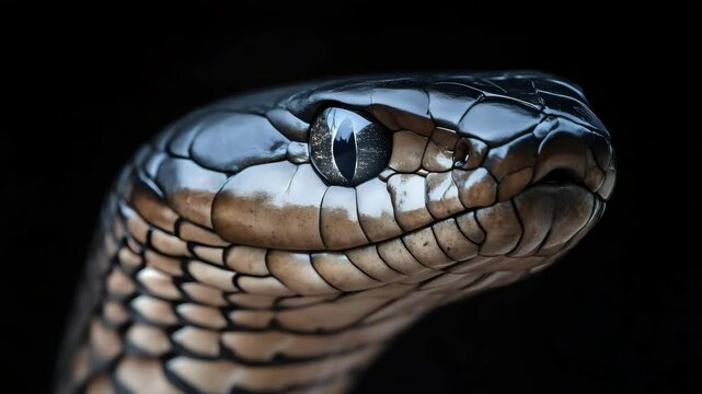 Extreme close-up of a black mamba face with glossy scales, eye clarity and sharp nose focus, deep black background