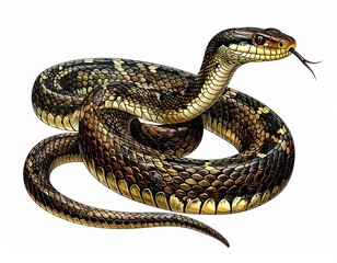 Coiled brown and gold snake with visible scales detailed illustration reptile