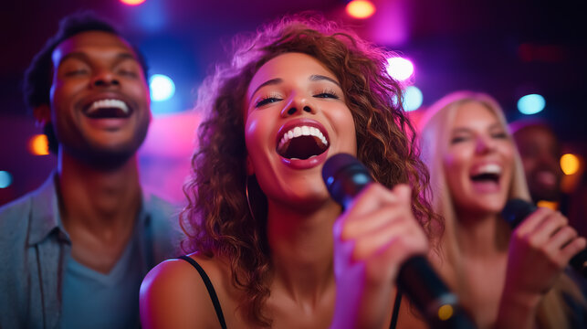 Friends passionately singing into microphones during karaoke night. Colorful lights illuminate bar interior, creating energetic vibe. Concept of entertainment, nightlife, social gatherings