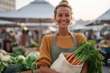 Smiling woman at farmers market holding organic vegetables in cotton bag.