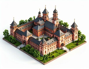 Obraz premium Isometric View of a Large Brick Monastery Complex with Green Landscaping