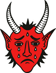 Red crying devil head with horns, teardrops, and a sad expression in American traditional tattoo style on a white background.