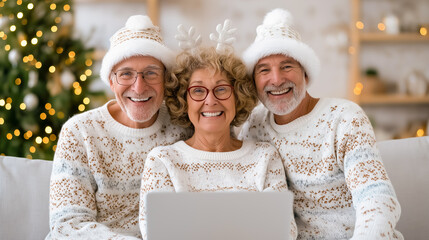 Grandparents smiling and looking at camera on video call while family joins celebration in Christmas pajamas. Cozy indoor setting with festive decorations