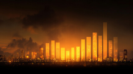 dramatic city skyline at sunset, with buildings and bar graph under dark