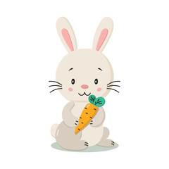 Cute children`s illustration of a bunny holding a carrot. Perfect for kids' products, nursery prints, story books. or greeting cards.