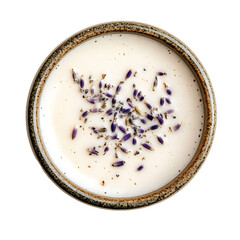 Obraz premium Top View of a Ceramic Bowl Filled with Creamy Liquid and Sprinkled with Dried Lavender Flowers