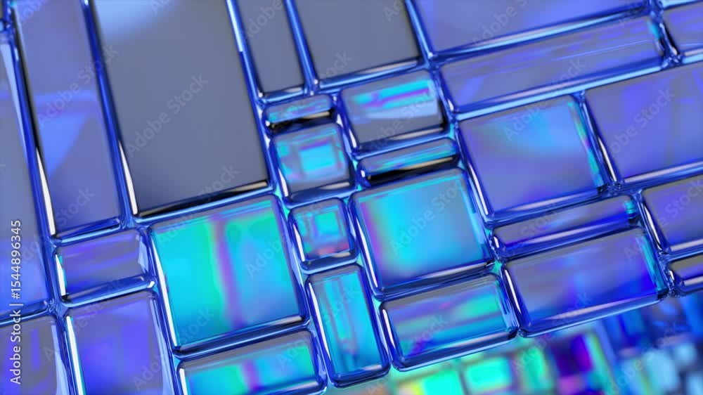 Wall mural blue glass tiles with smooth, rounded edges creating an abstract geometric pattern, rotating and ref