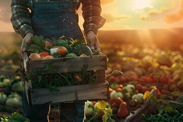 Ultra Hd Picture of Agriculturist with Box of Fresh Vegetables in Sunlight