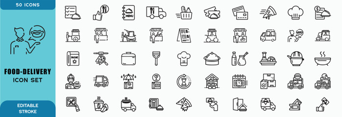 Food delivery line icon set. Order food home, courier, fast food and more. Outline vector icon in linear style. Conceptual pictogram collection